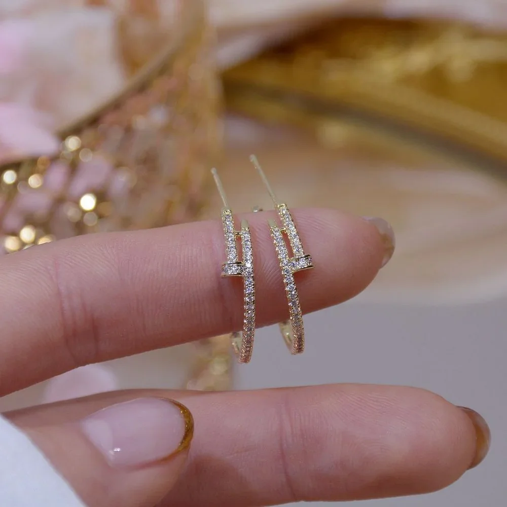 NEW 14K Gold Plated Round Diamond Nail Hoop Earrings - Picture 10 of 11